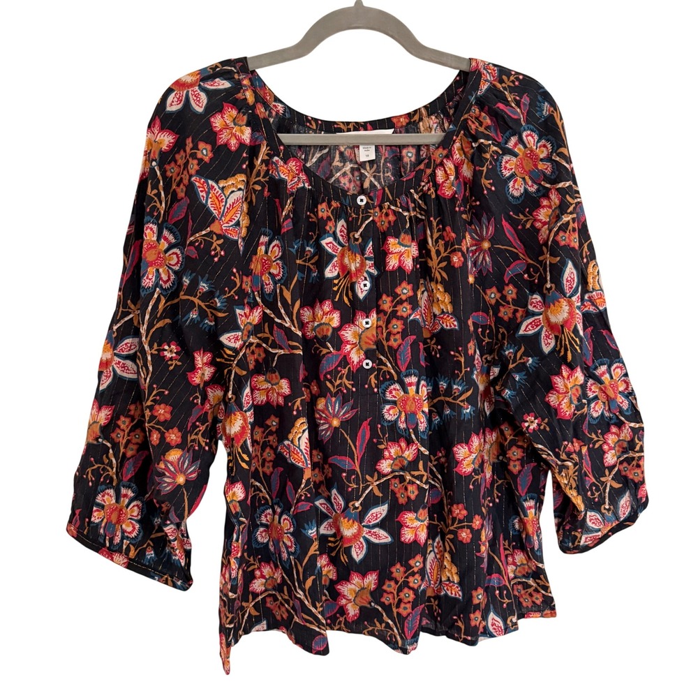 Garnet Hill Floral Metallic Stripe Blouse Black Red Gold Top Size 18 Office Boho